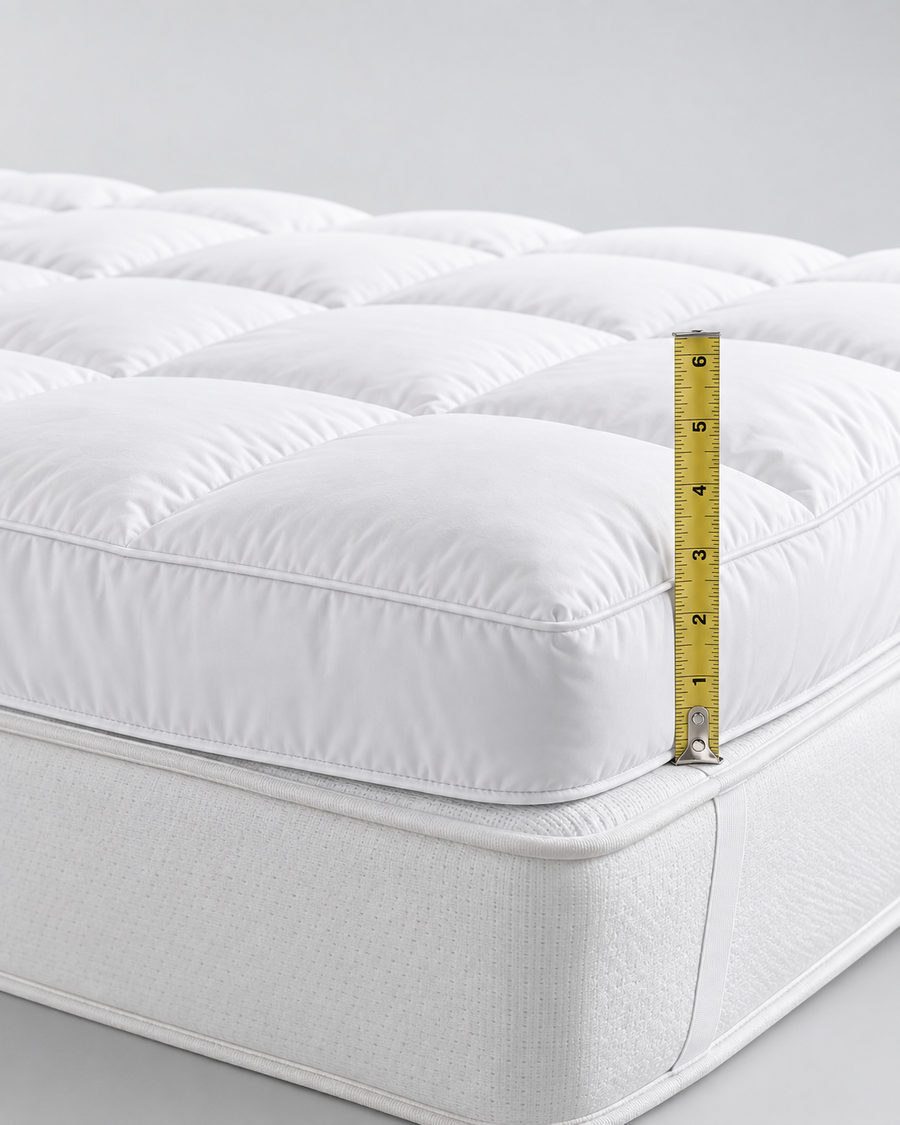 Mattress topper beside a tape measure