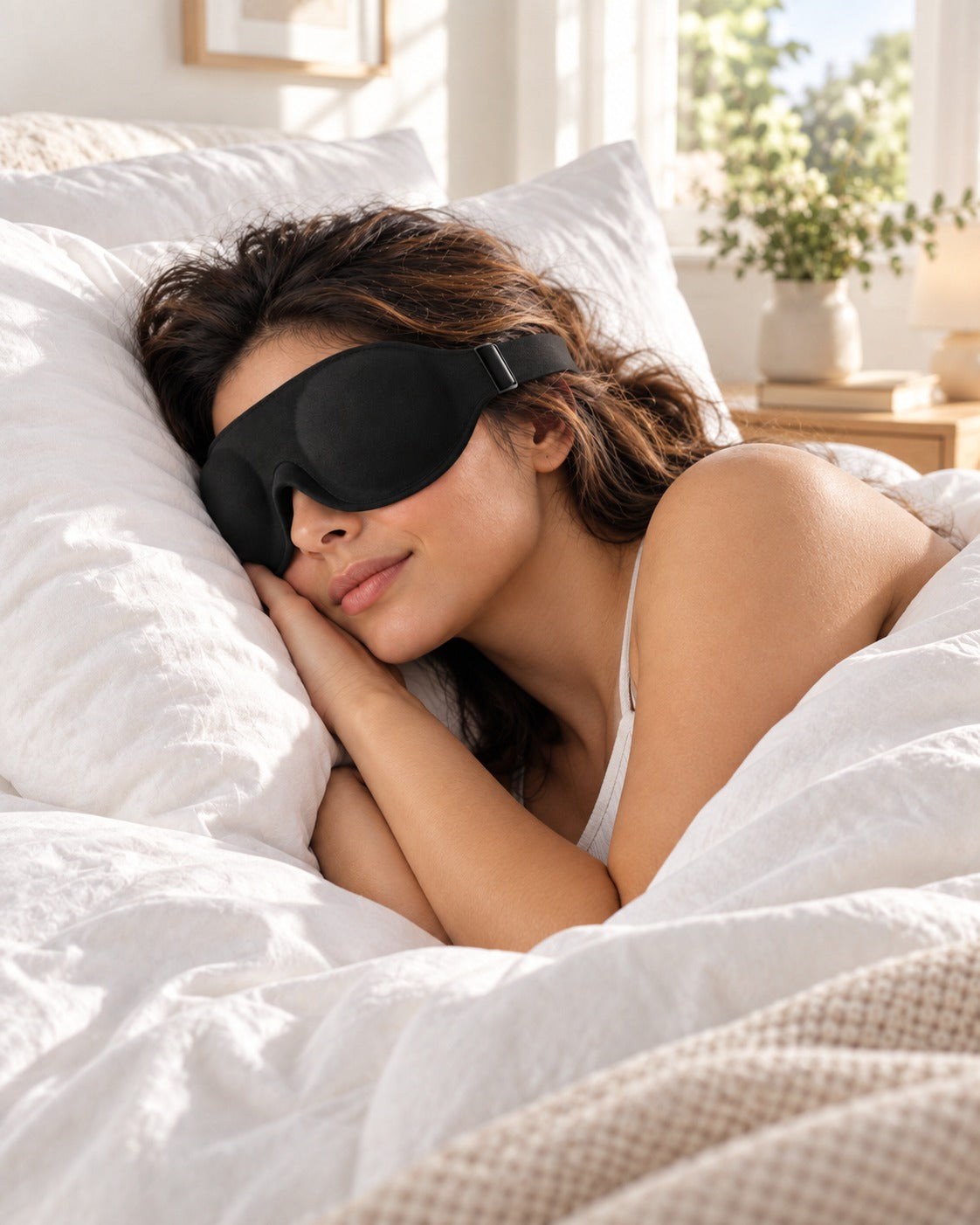Woman napping in a bright, sunlit bedroom wearing the Pillow-Side mask